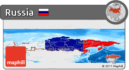Flag Panoramic Map of Russia, single color outside, bathymetry sea, flag aligned to the middle