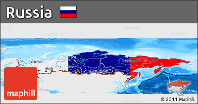 Flag Panoramic Map of Russia, single color outside, bathymetry sea, flag aligned to the middle