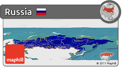 Flag Panoramic Map of Russia, single color outside, satellite sea, flag centered