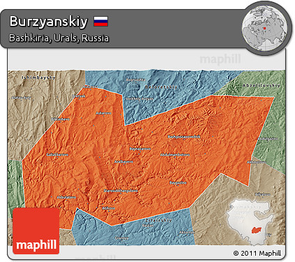 Political 3D Map of Burzyanskiy, semi-desaturated