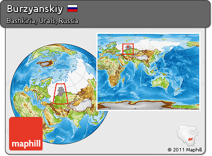 Physical Location Map of Burzyanskiy, highlighted country, highlighted grandparent region, within the entire country