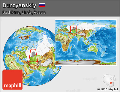 Physical Location Map of Burzyanskiy, highlighted country, highlighted grandparent region, within the entire country