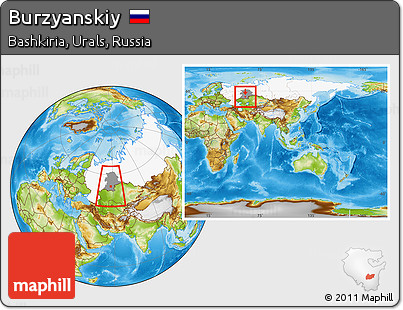 Physical Location Map of Burzyanskiy, highlighted country, highlighted grandparent region, within the entire country