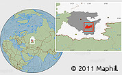 Savanna Style Location Map of Burzyanskiy, highlighted parent region, highlighted grandparent region, hill shading