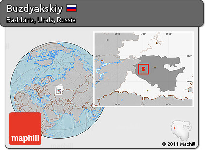 Gray Location Map of Buzdyakskiy, highlighted parent region, highlighted grandparent region, hill shading