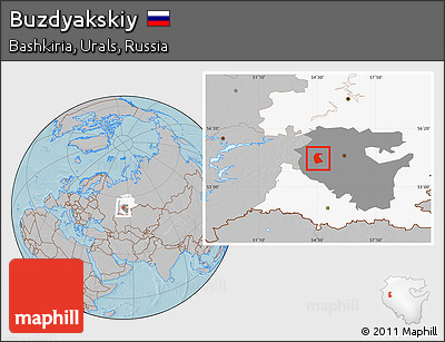 Gray Location Map of Buzdyakskiy, highlighted parent region, highlighted grandparent region, hill shading