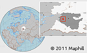 Gray Location Map of Buzdyakskiy, highlighted parent region, highlighted grandparent region, hill shading