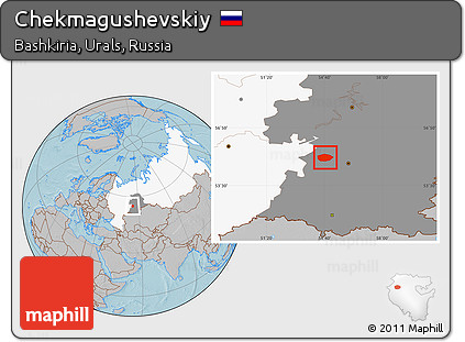 Gray Location Map of Chekmagushevskiy, highlighted country, highlighted grandparent region, hill shading
