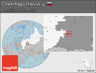 Gray Location Map of Chekmagushevskiy, highlighted country, highlighted grandparent region, hill shading
