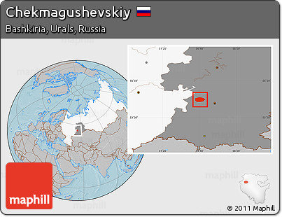 Gray Location Map of Chekmagushevskiy, highlighted country, highlighted grandparent region, hill shading