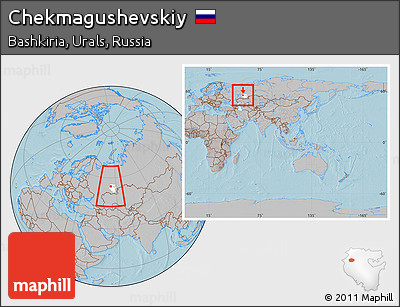 Gray Location Map of Chekmagushevskiy, highlighted parent region, within the entire country, hill shading