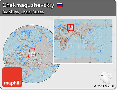 Gray Location Map of Chekmagushevskiy, highlighted parent region, highlighted grandparent region, within the entire country, hill shading