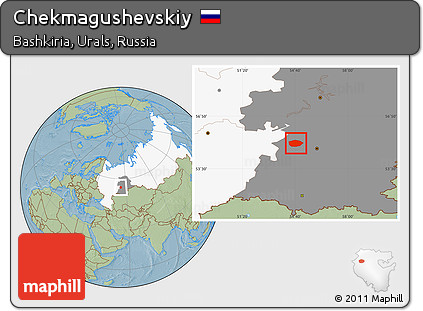 Savanna Style Location Map of Chekmagushevskiy, highlighted country, highlighted grandparent region, hill shading