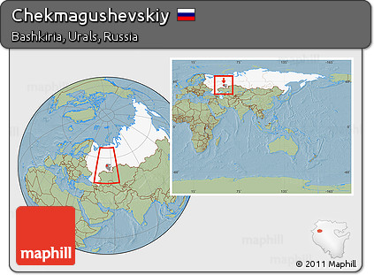 Savanna Style Location Map of Chekmagushevskiy, highlighted country, highlighted parent region, within the entire country, hill shading