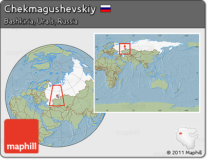Savanna Style Location Map of Chekmagushevskiy, highlighted country, highlighted parent region, within the entire country, hill shading