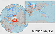 Gray Location Map of Davlekanovskiy, highlighted grandparent region, within the entire country, hill shading