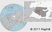 Gray Location Map of Davlekanovskiy, highlighted parent region, highlighted grandparent region, hill shading