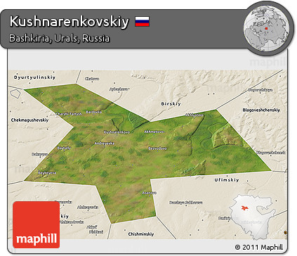 Satellite 3D Map of Kushnarenkovskiy, shaded relief outside