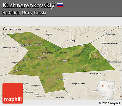 Satellite 3D Map of Kushnarenkovskiy, shaded relief outside