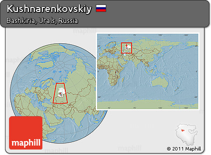 Savanna Style Location Map of Kushnarenkovskiy, highlighted parent region, highlighted grandparent region, within the entire country, hill shading