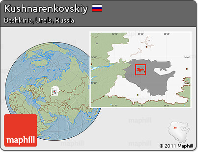 Savanna Style Location Map of Kushnarenkovskiy, highlighted parent region, highlighted grandparent region, hill shading
