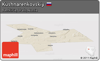 Shaded Relief Panoramic Map of Kushnarenkovskiy, single color outside