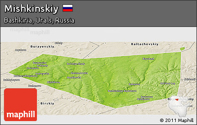 Physical Panoramic Map of Mishkinskiy, shaded relief outside