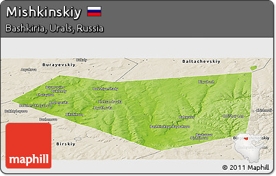 Physical Panoramic Map of Mishkinskiy, shaded relief outside