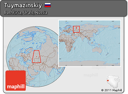 Gray Location Map of Tuymazinskiy, within the entire country, hill shading