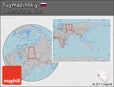 Gray Location Map of Tuymazinskiy, within the entire country, hill shading