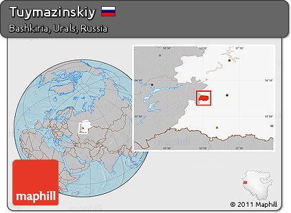 Gray Location Map of Tuymazinskiy, highlighted grandparent region, hill shading