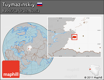 Gray Location Map of Tuymazinskiy, highlighted grandparent region, hill shading