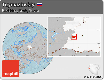 Gray Location Map of Tuymazinskiy, highlighted grandparent region, hill shading