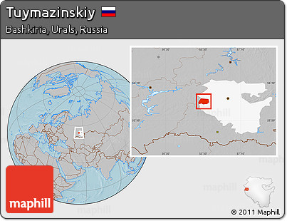 Gray Location Map of Tuymazinskiy, highlighted parent region, hill shading