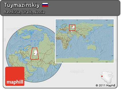 Savanna Style Location Map of Tuymazinskiy, highlighted grandparent region, within the entire country, hill shading
