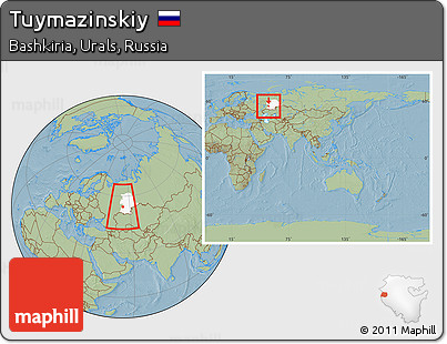 Savanna Style Location Map of Tuymazinskiy, highlighted grandparent region, within the entire country, hill shading