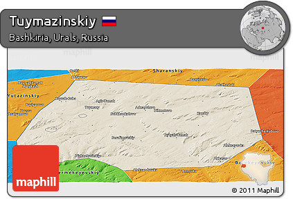 Shaded Relief Panoramic Map of Tuymazinskiy, political outside