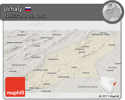 Shaded Relief Panoramic Map of Uchaly, semi-desaturated