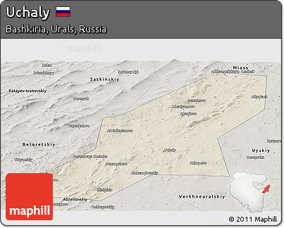 Shaded Relief Panoramic Map of Uchaly, semi-desaturated