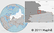 Gray Location Map of Kurgan, highlighted country, highlighted grandparent region, hill shading