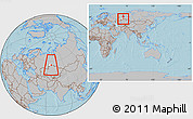 Gray Location Map of Vargashinskiy, highlighted parent region, within the entire country, hill shading