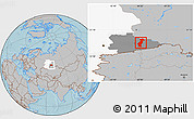 Gray Location Map of Vargashinskiy, highlighted parent region, highlighted grandparent region, hill shading