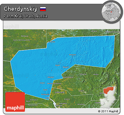 Political 3D Map of Cherdynskiy, satellite outside