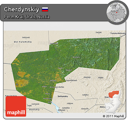 Satellite 3D Map of Cherdynskiy, shaded relief outside