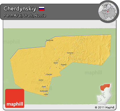 Savanna Style 3D Map of Cherdynskiy, single color outside