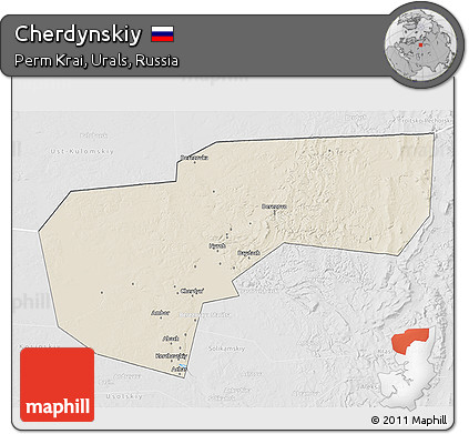 Shaded Relief 3D Map of Cherdynskiy, lighten, desaturated