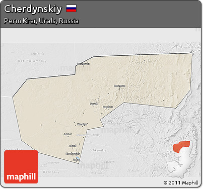 Shaded Relief 3D Map of Cherdynskiy, lighten, desaturated