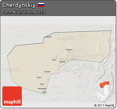 Shaded Relief 3D Map of Cherdynskiy, lighten, semi-desaturated