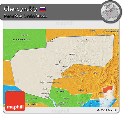 Shaded Relief 3D Map of Cherdynskiy, political outside