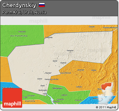 Shaded Relief 3D Map of Cherdynskiy, political outside